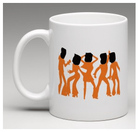 Photo of mug with disco dancers dressed in orange with black hoods over their heads